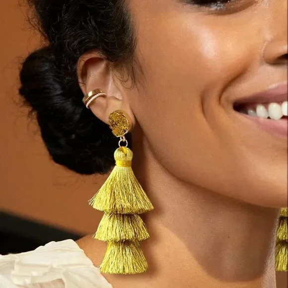14K Yellow Gold with Gold Silk Thread Tassel and Quartz Druzy Post Drop Earrings